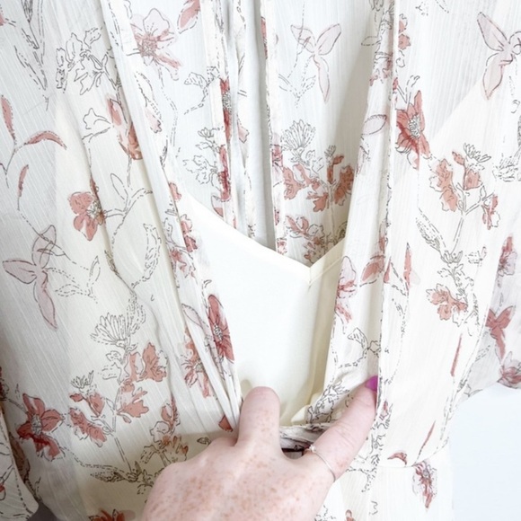 Lulus Women's Floral V-Neck Back Cut Out Neutral Flowy Sheer Ruffle Mini Dress - Picture 6 of 16